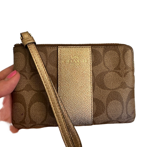 COACH Coated Canvas & Leather Corner Zip Wristlet in Khaki & Gold